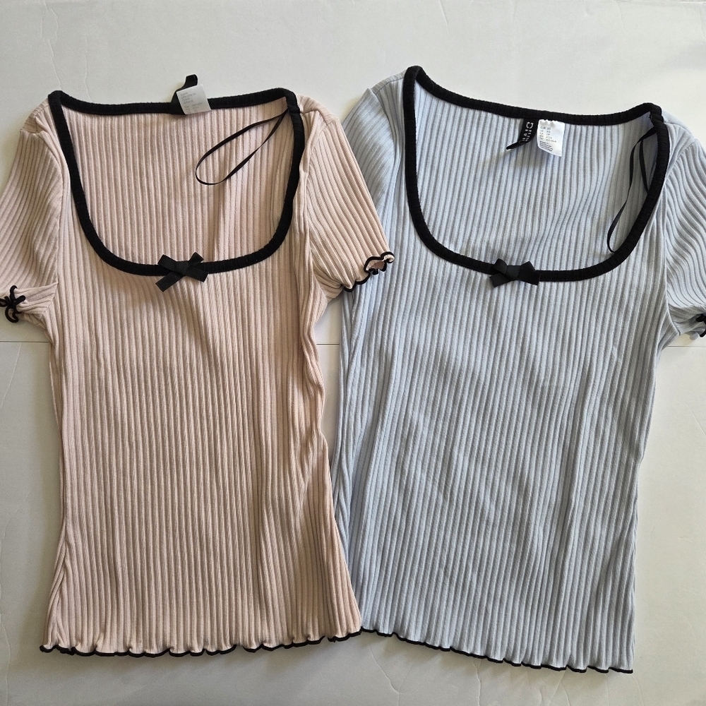 Two Ribbed Square Neck Tops - Black Trim
